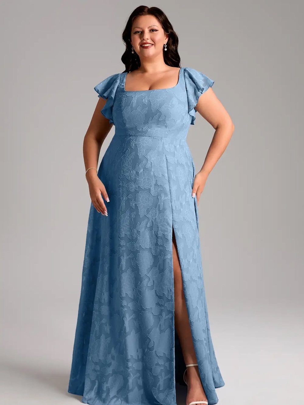 Azazie Bondi Gown Steel Blue A-Line Side Slit Floral Burnout
